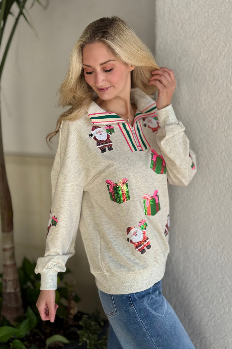 Santa sequin graphic holiday sweatshirt with striped neckline