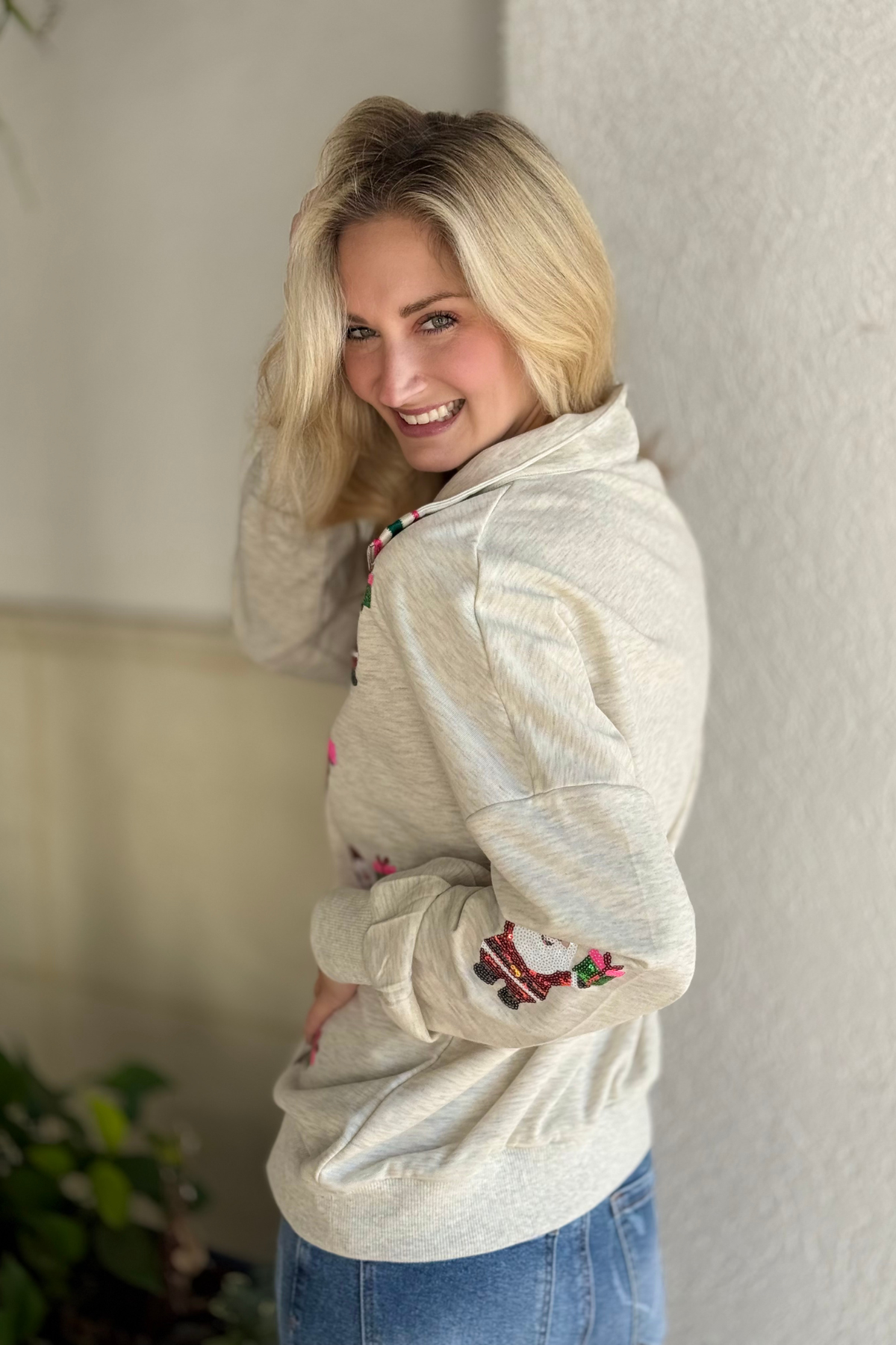 Festive sequin Santa pullover with drop shoulders