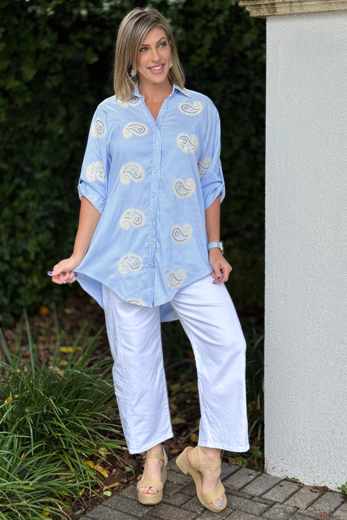 striped oversized button down blouse side view