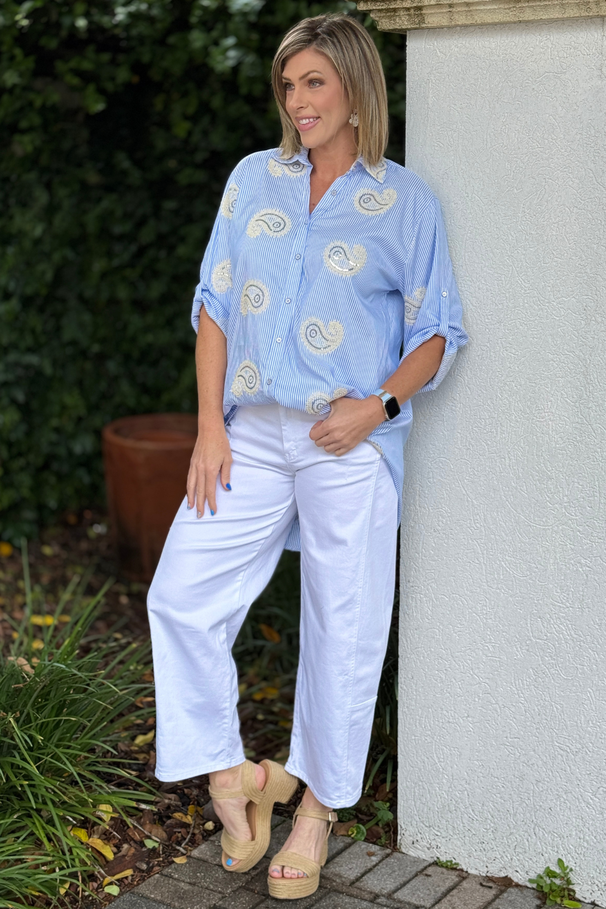 blue and white striped tunic top front view
