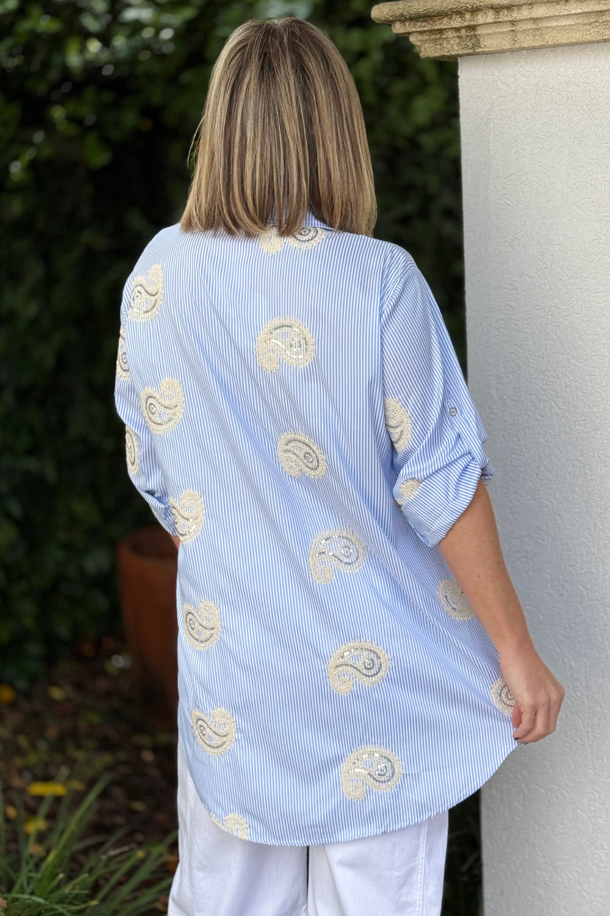 blue striped tunic back view flowy fit