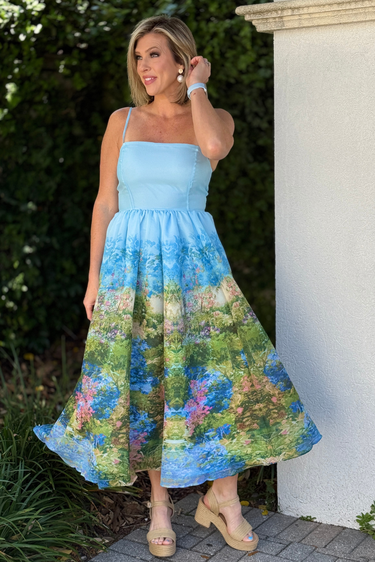 blue floral midi dress front full skirt