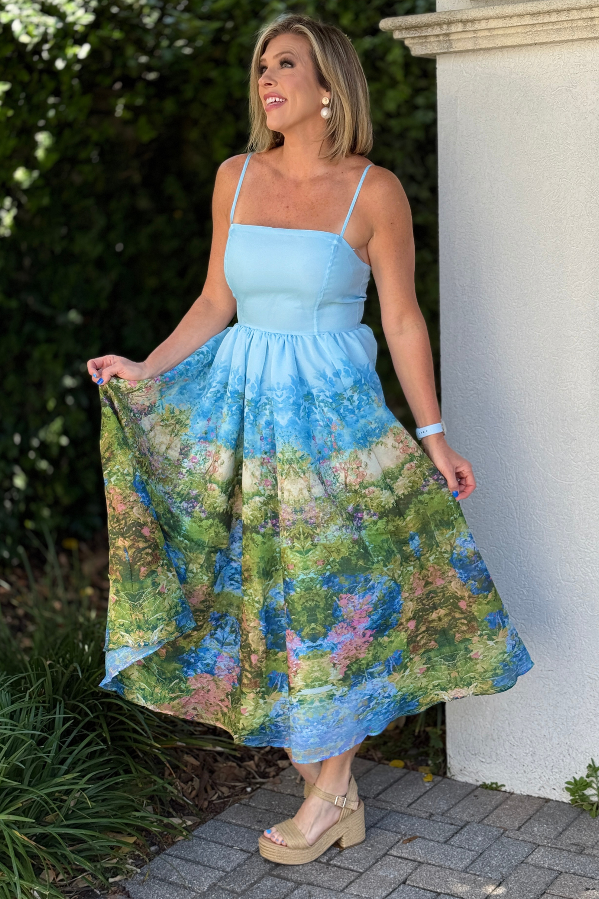 flowy garden print dress side view
