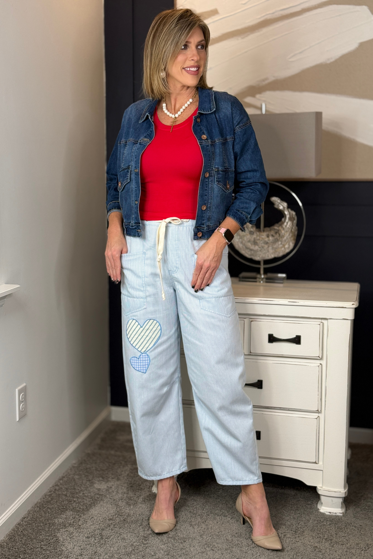 Women’s striped lounge pants with oversized patch pockets