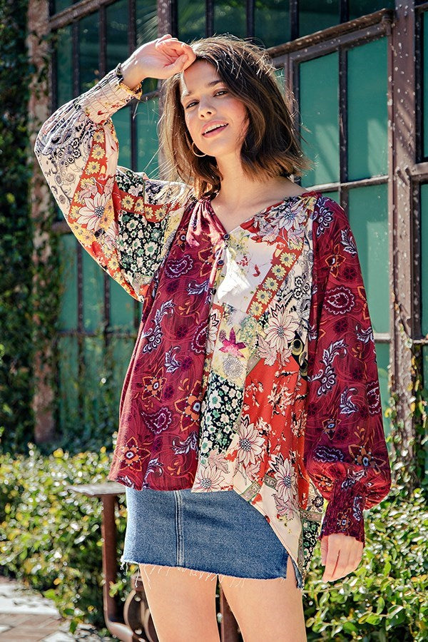 The Ferncliff Mixed Print Blouse in Marsala