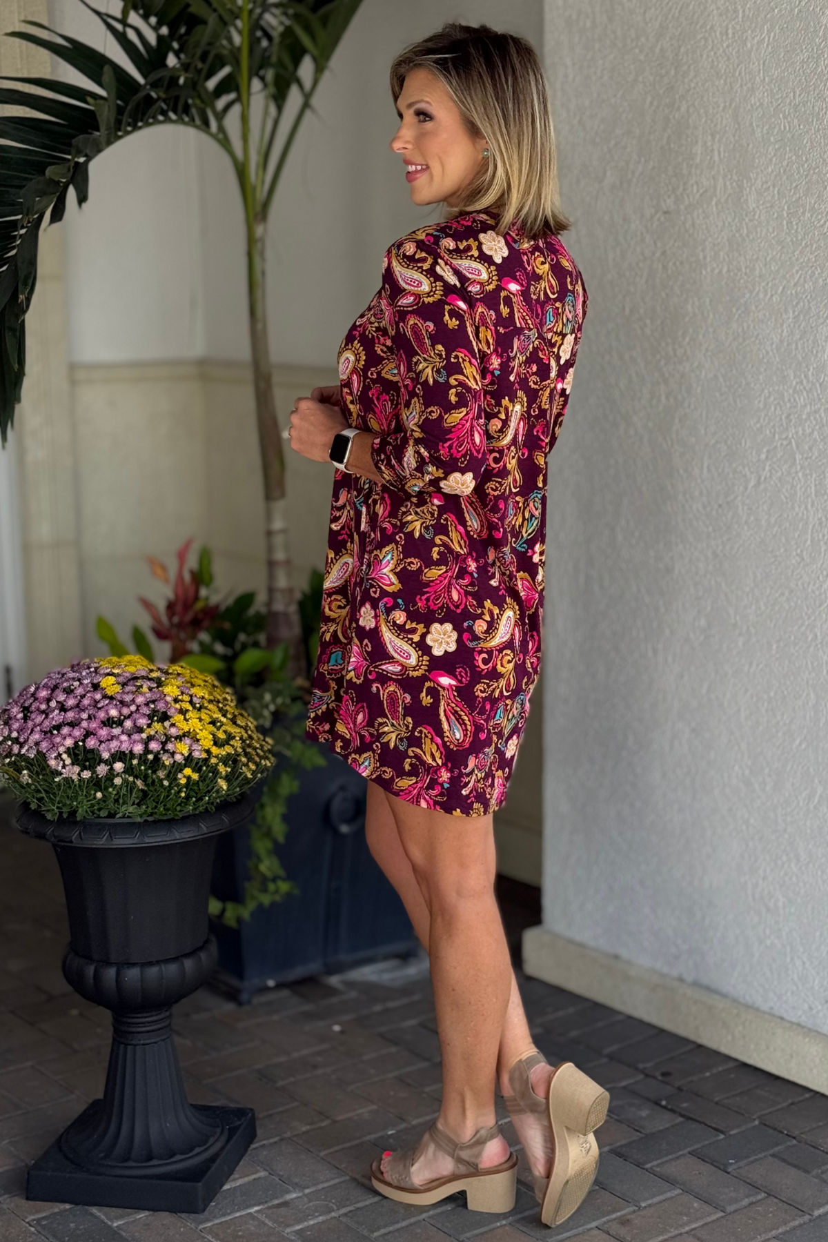 Back view of the TPN Merlot Paisley Lizzy Pocket Dress showing flattering A-line silhouette.