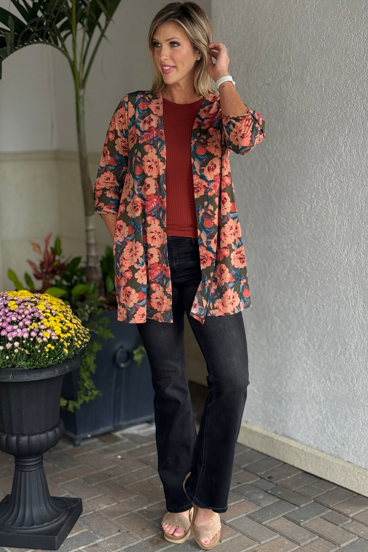 PN Petalwood Printed Cardigan lightweight wrinkle-free floral layer with pockets