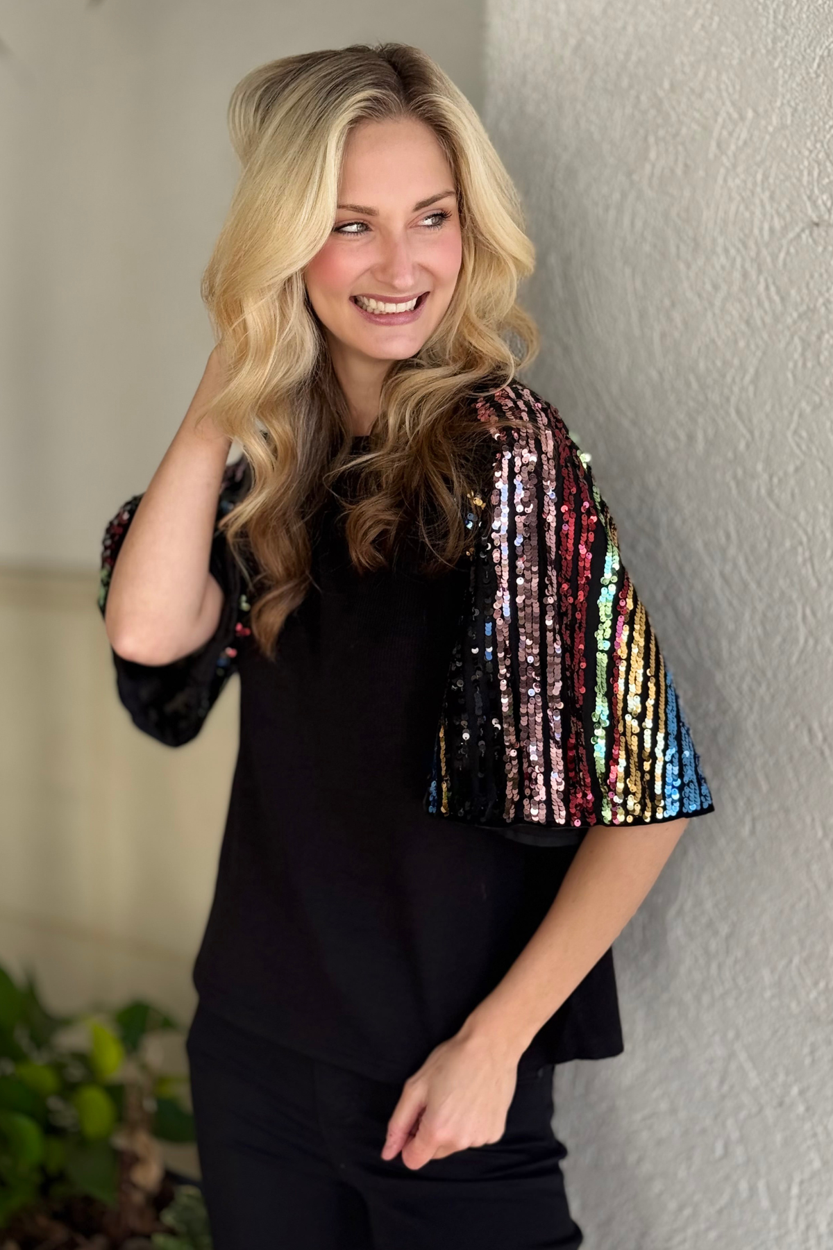 THML Midnight Spark Mixed Media Bell Sleeve Top front view