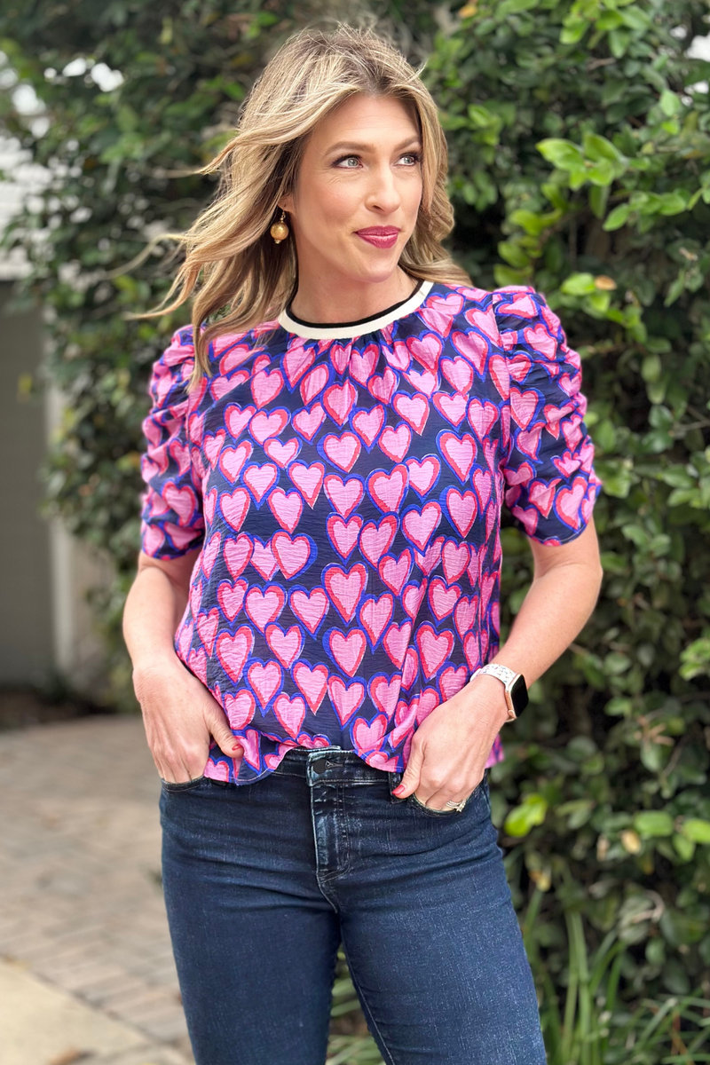 THML: Stole My Heart Ruched Sleeves Print Top