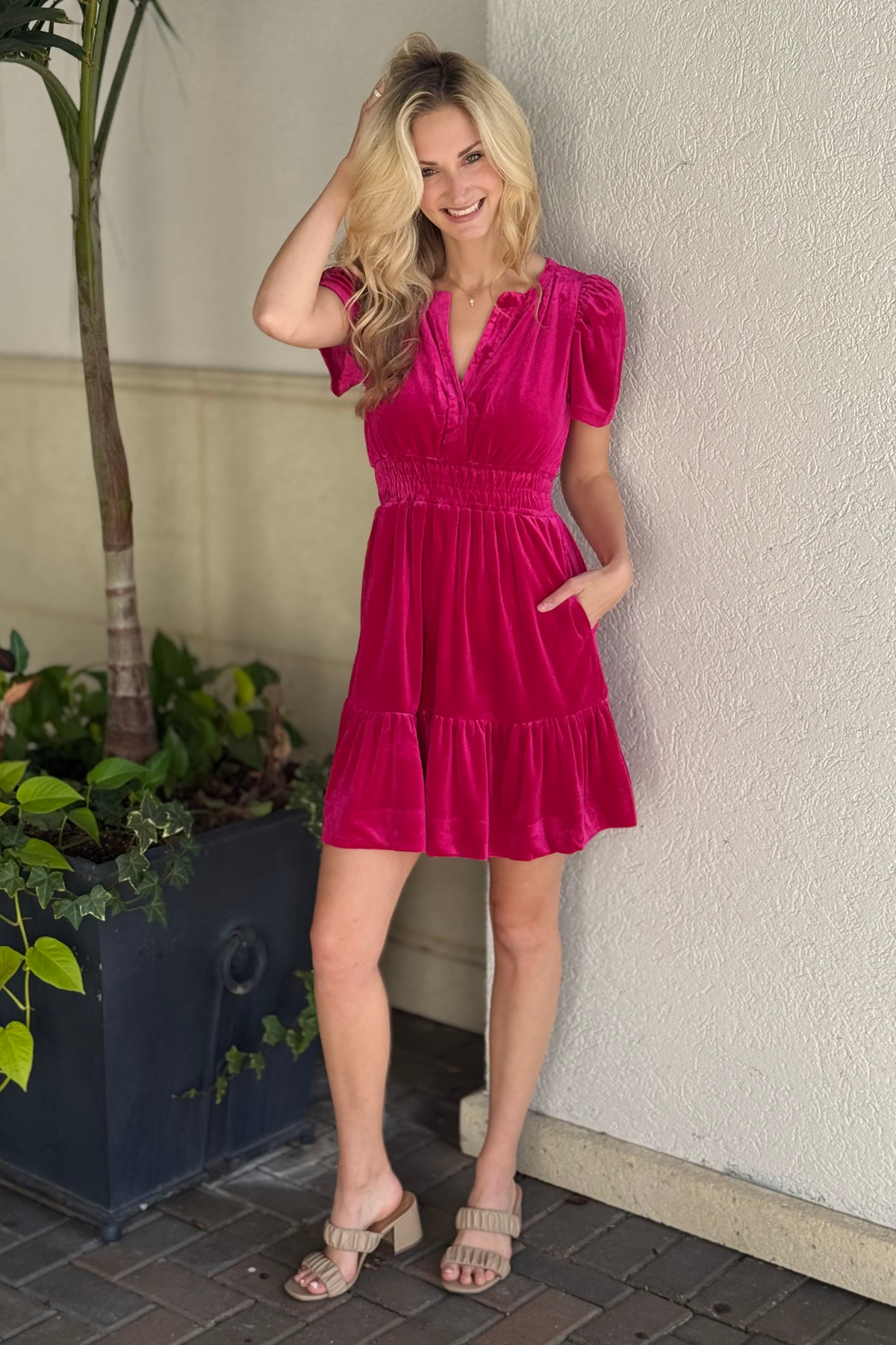 THML fuchsia velvet smocked dress front view