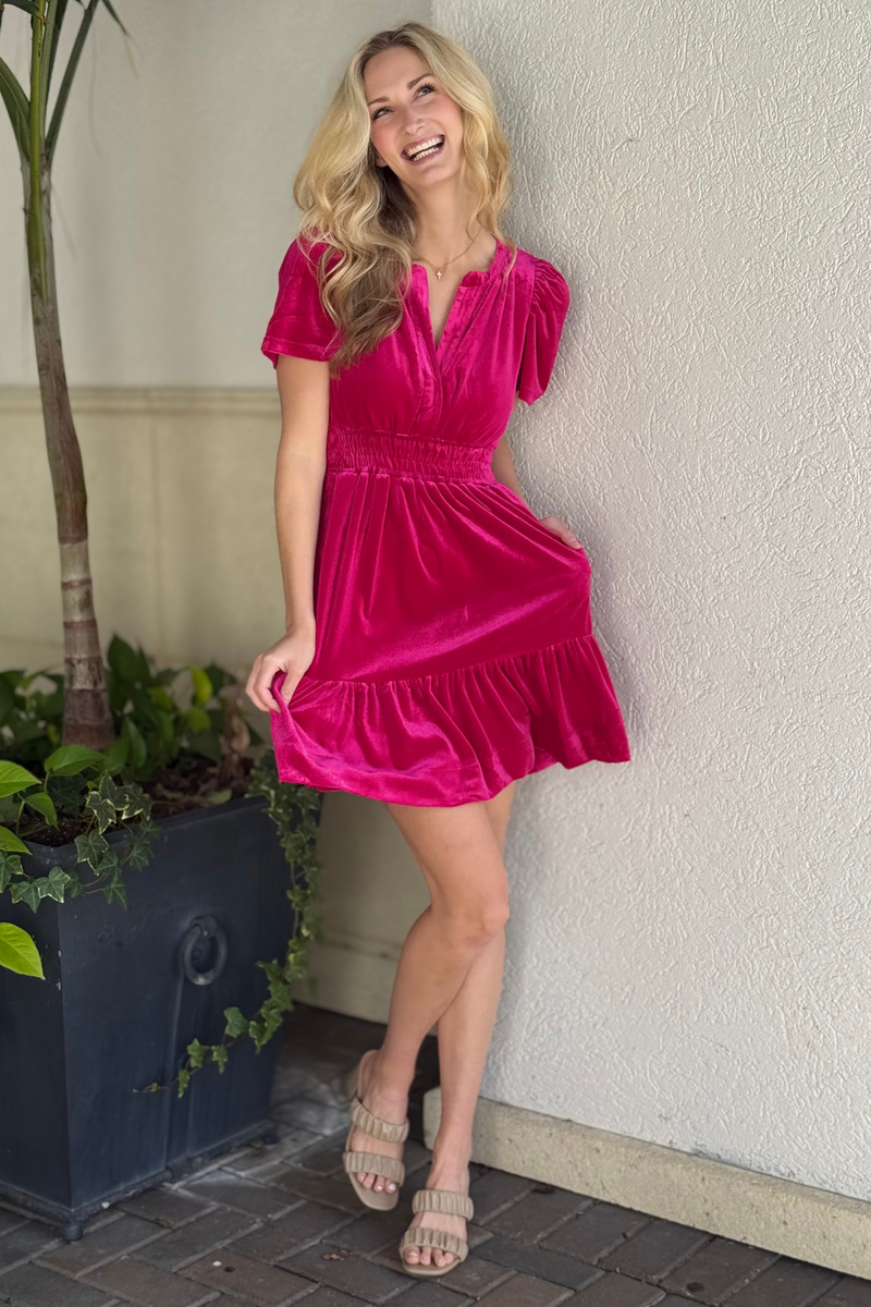 Holiday velvet dress in fuchsia with smocked waist