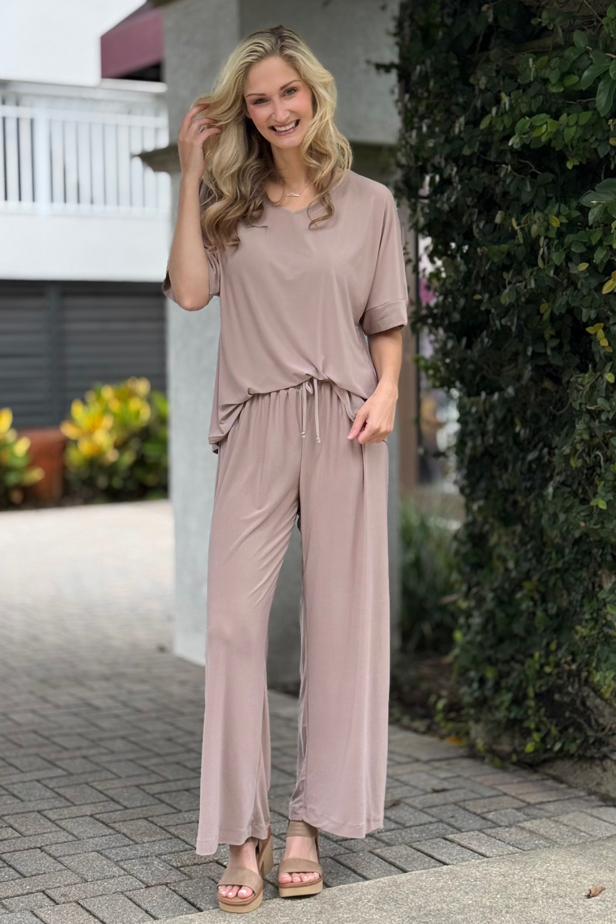 V-neck dolman top with matching wide-leg pants