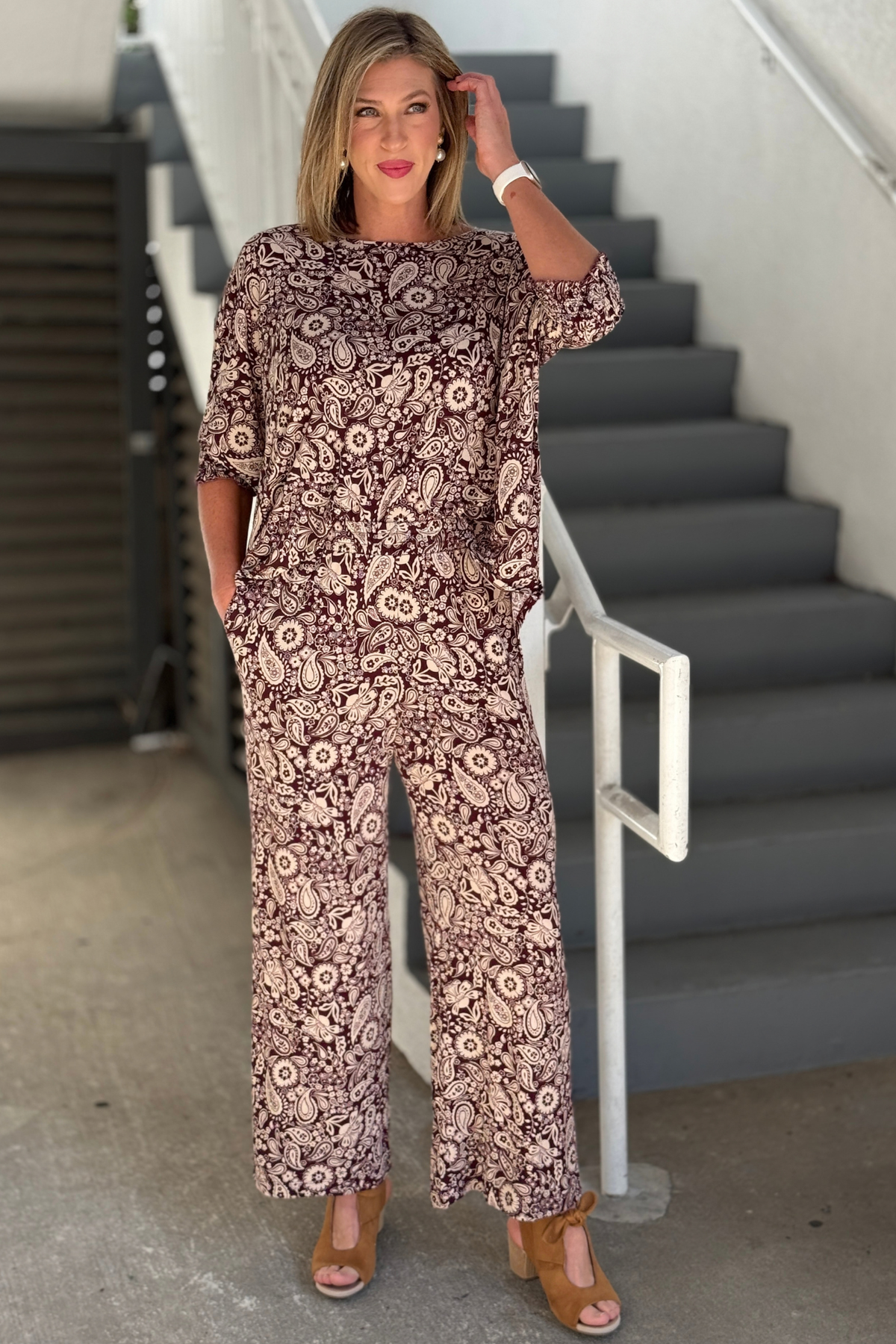 Women’s burgundy and cream paisley matching set