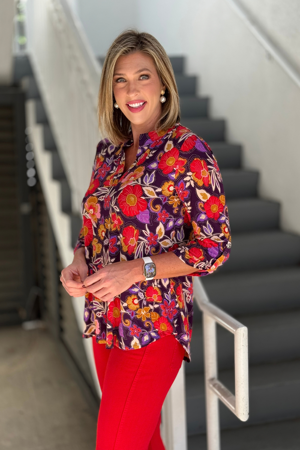TPN Collection fall floral top with three-quarter sleeves. Dear Scarlett