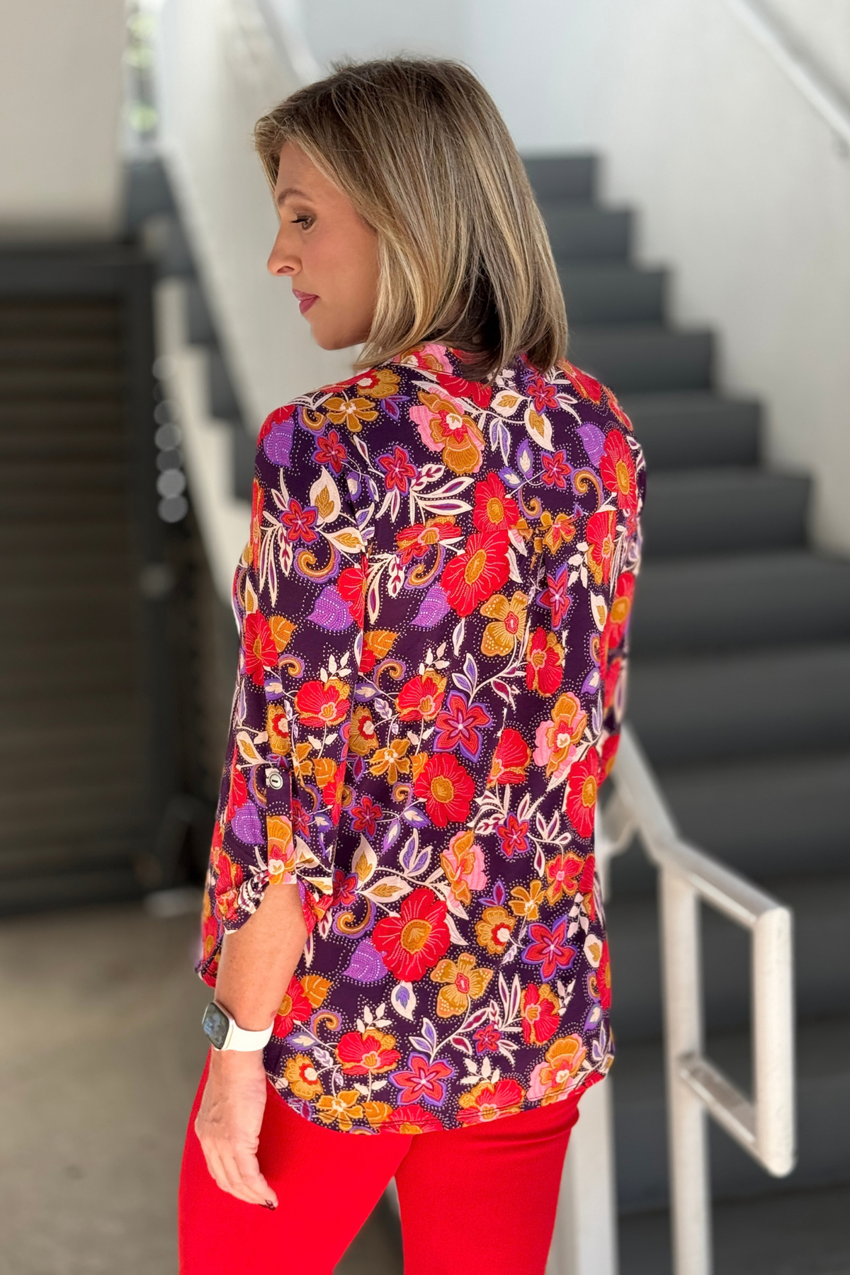 TPN women’s fall blouse with button-tab sleeves