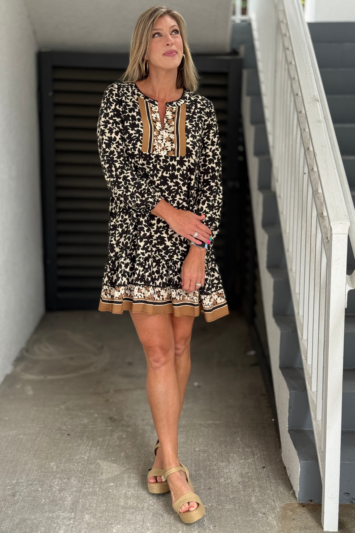 Black and cream floral boho tunic dress