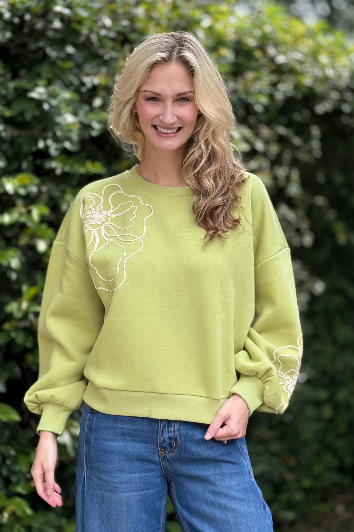 TRIBAL Embroidered French Terry Crew in Wasabi