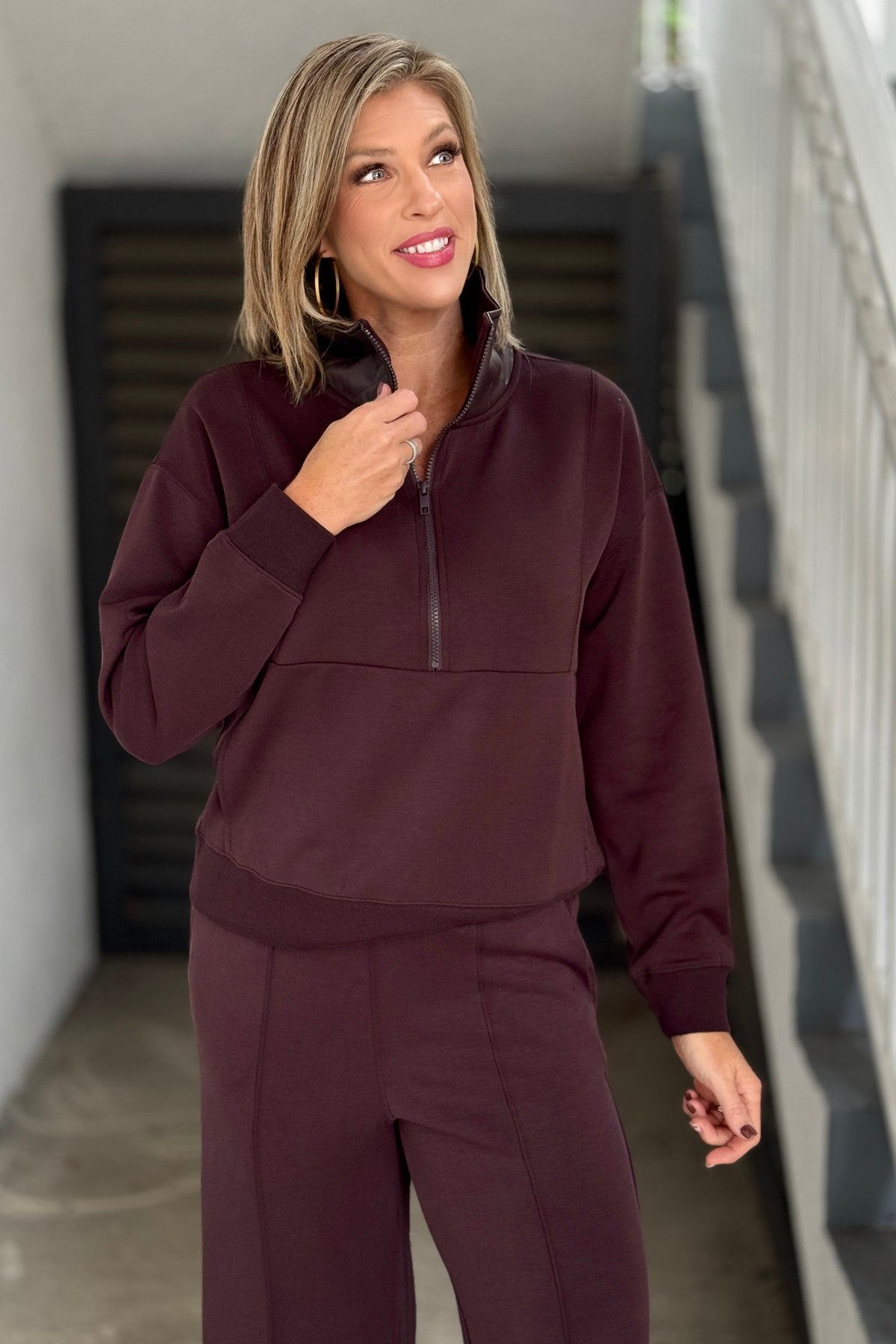 Tribal Mixed Media Half Zip Popover in Saddlebrown