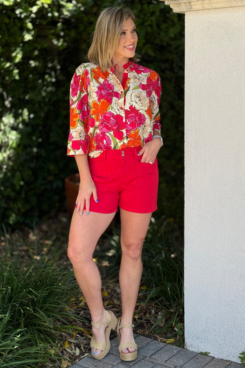 red comfort stretch denim shorts front view