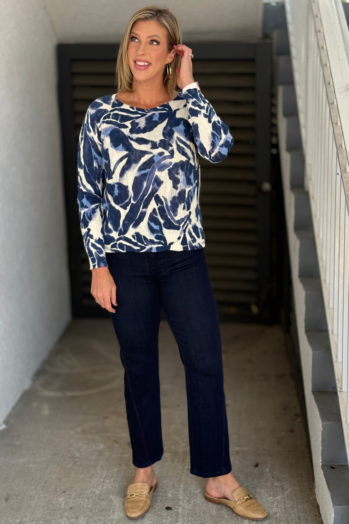 Women’s Tribal blue and ivory botanical cotton sweater with dark denim