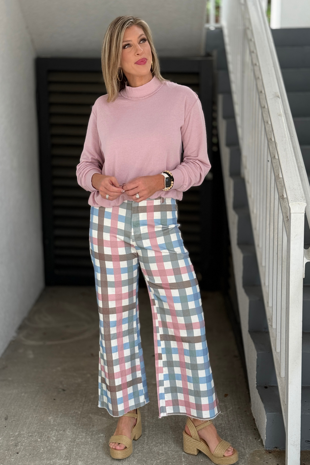 TRIBAL Pinkfrost long sleeve top styled with plaid pants