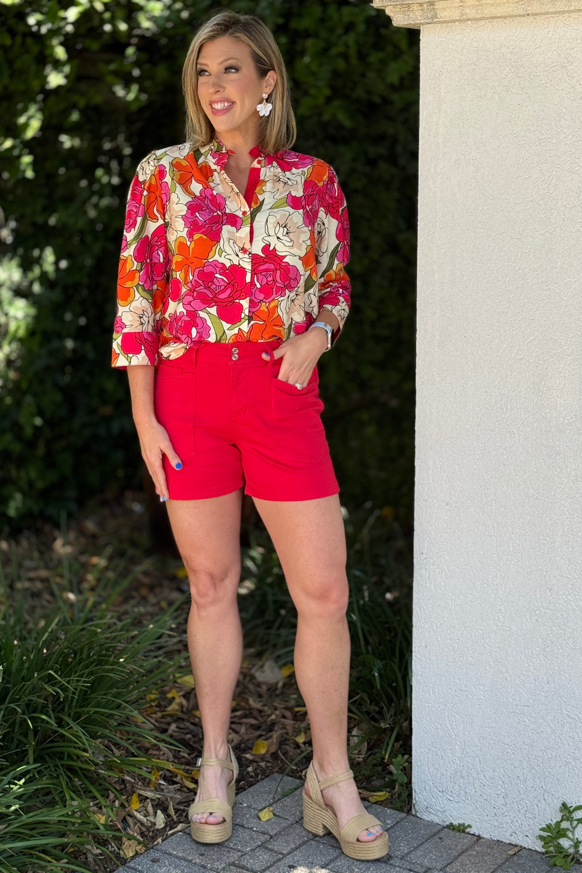 mid rise red boutique shorts styled outfit
