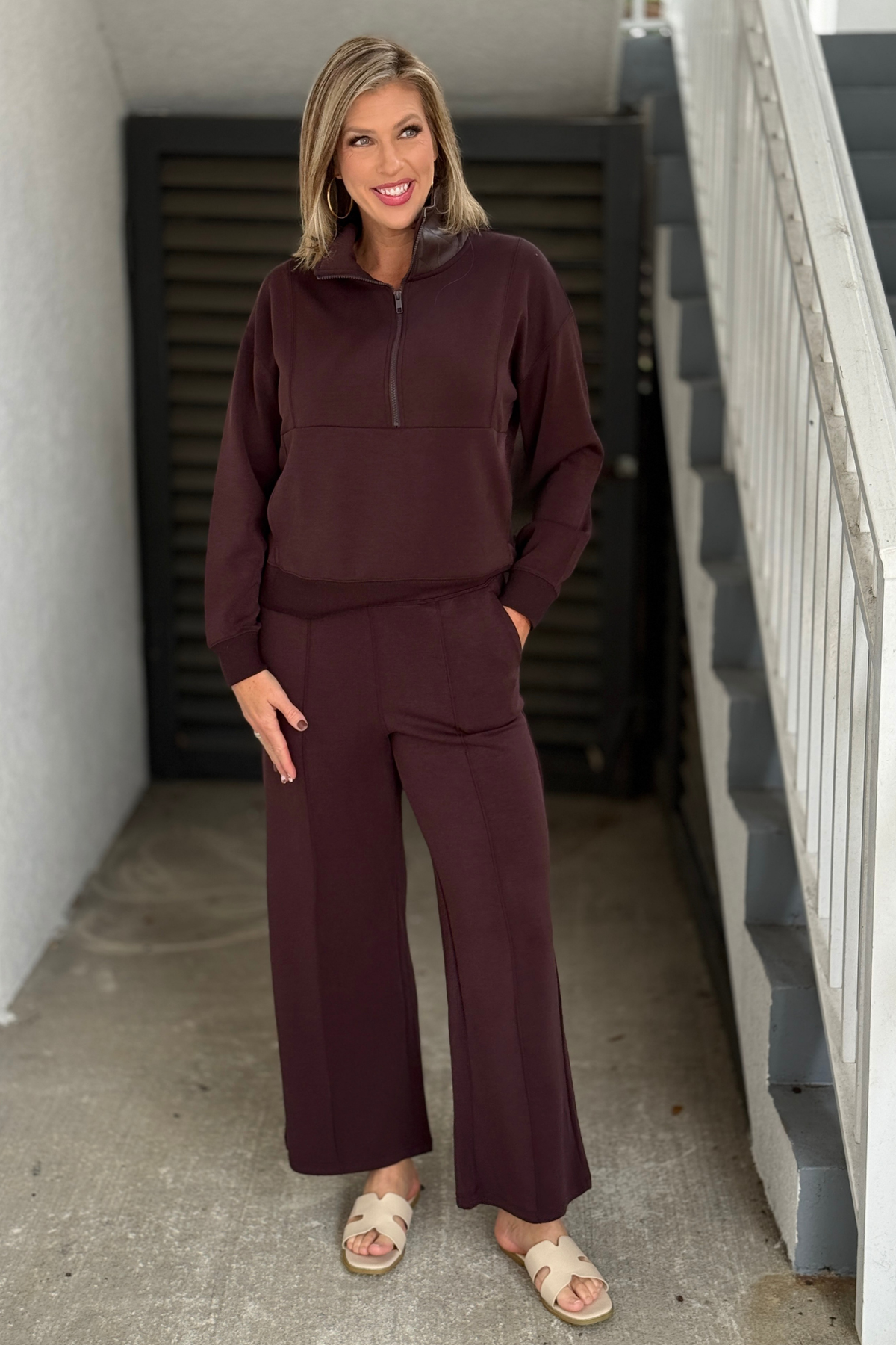 Saddlebrown elastic waist wide leg women's pants