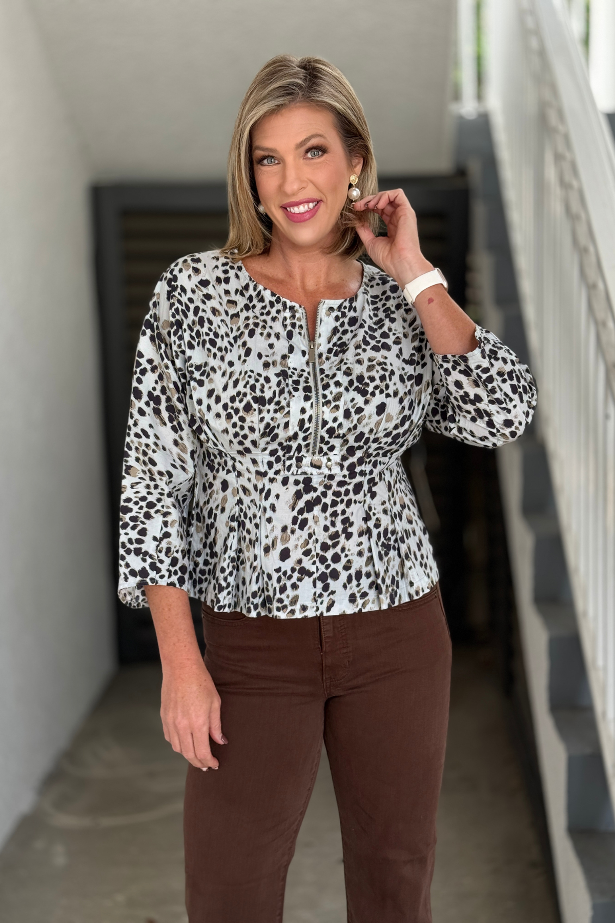 True Luxe Zip Front Dolman Sleeve Top in Neutral Animal front view
