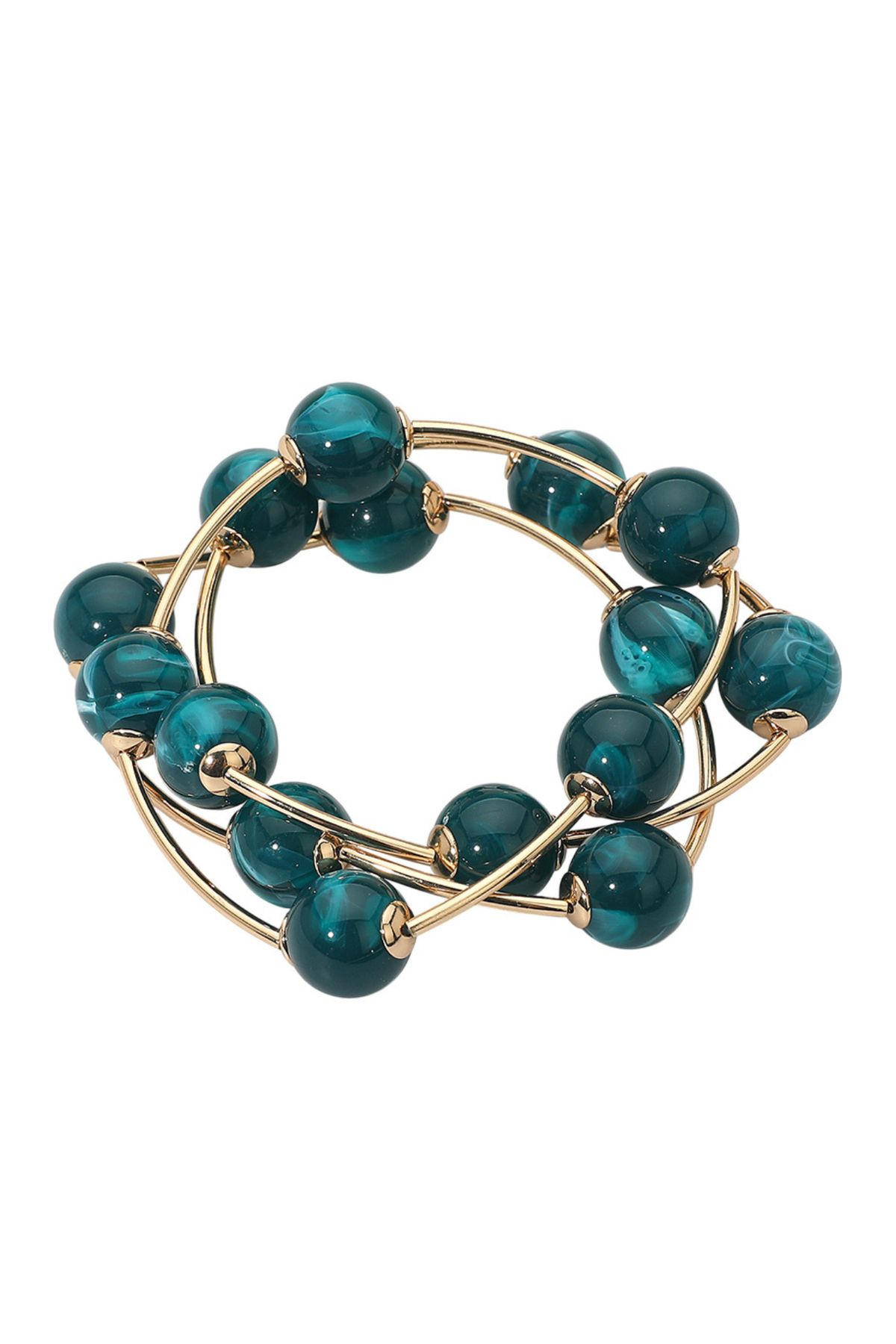 Teal wire and bead bracelet stack displayed on white background