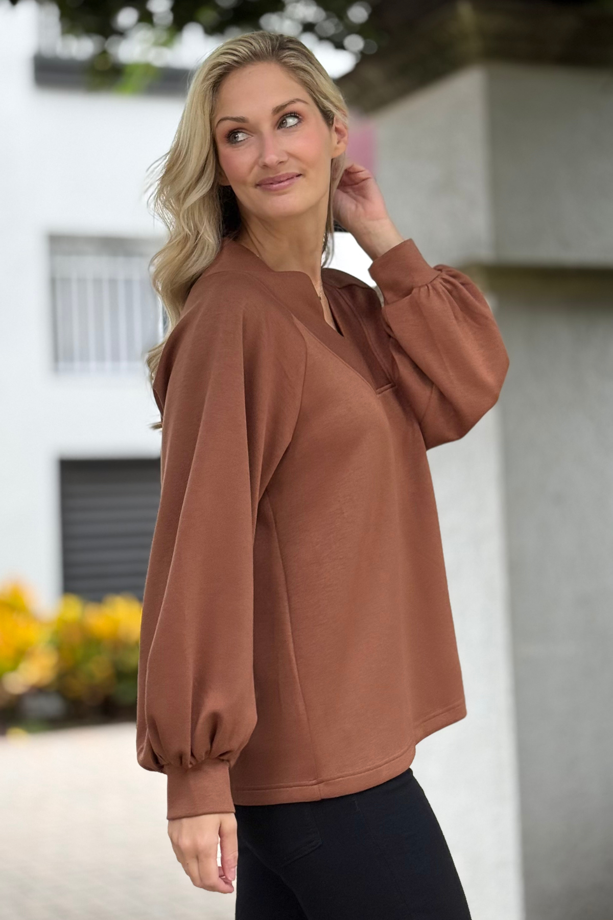 The Market Day Top in Chocolate – styled with jeans and booties