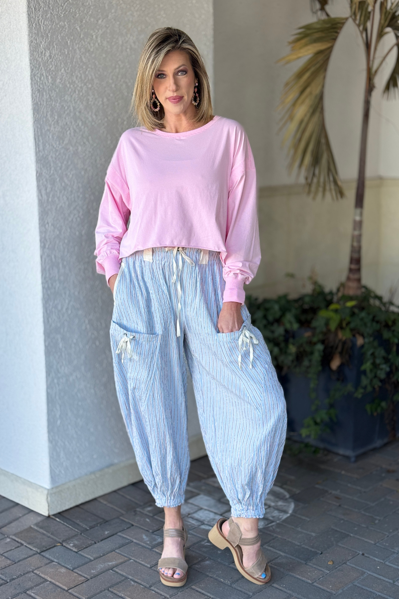 Side view of striped utility jogger pants