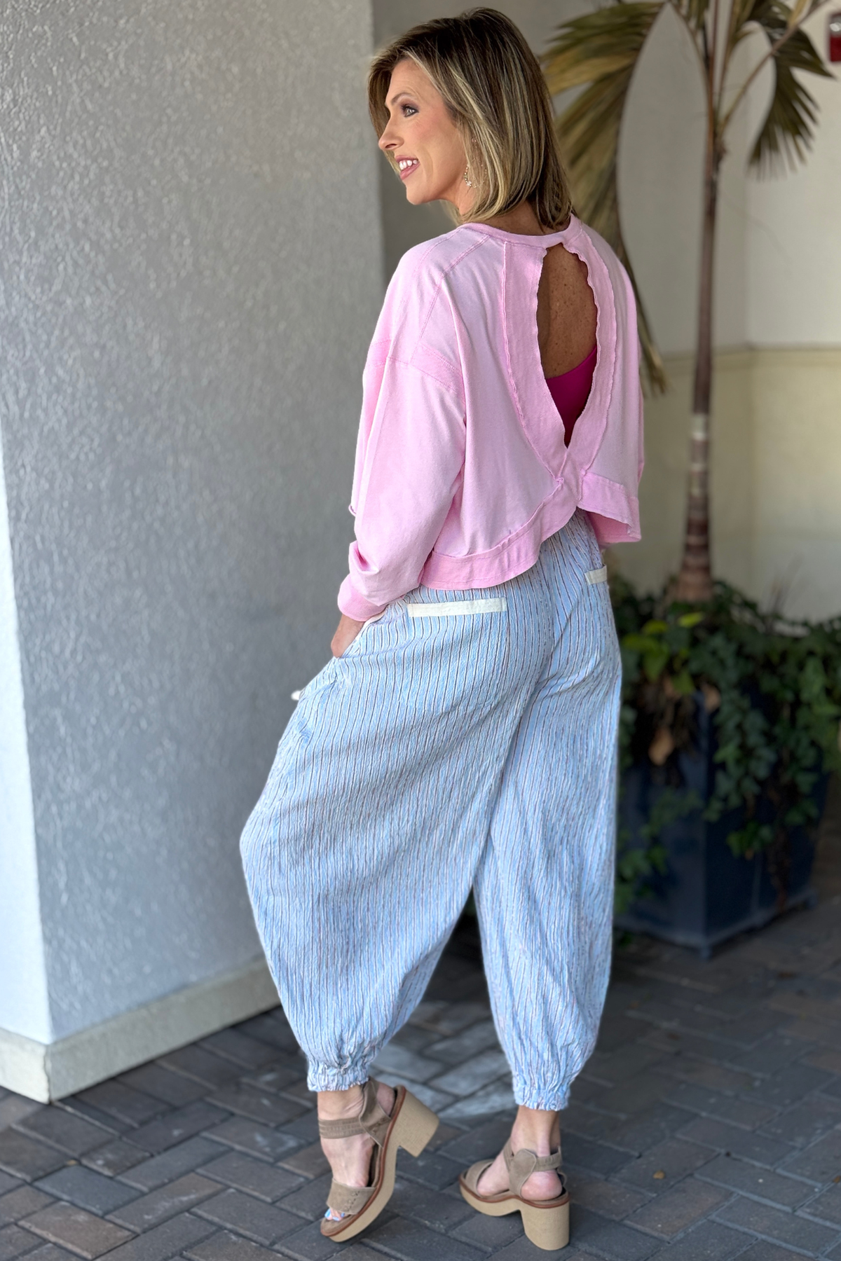 Milky blue striped relaxed fit women’s pants front view