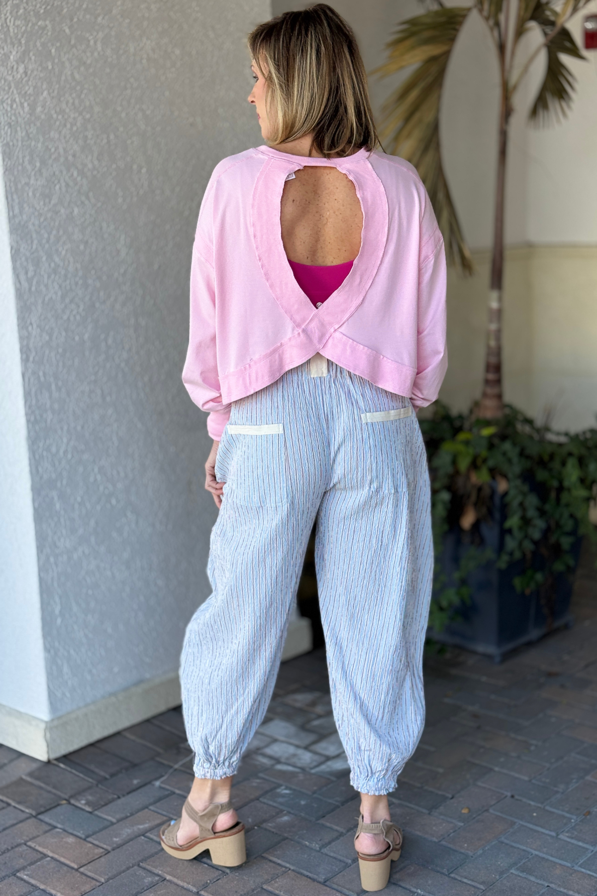 Lightweight blue striped spring jogger pants styled outfit