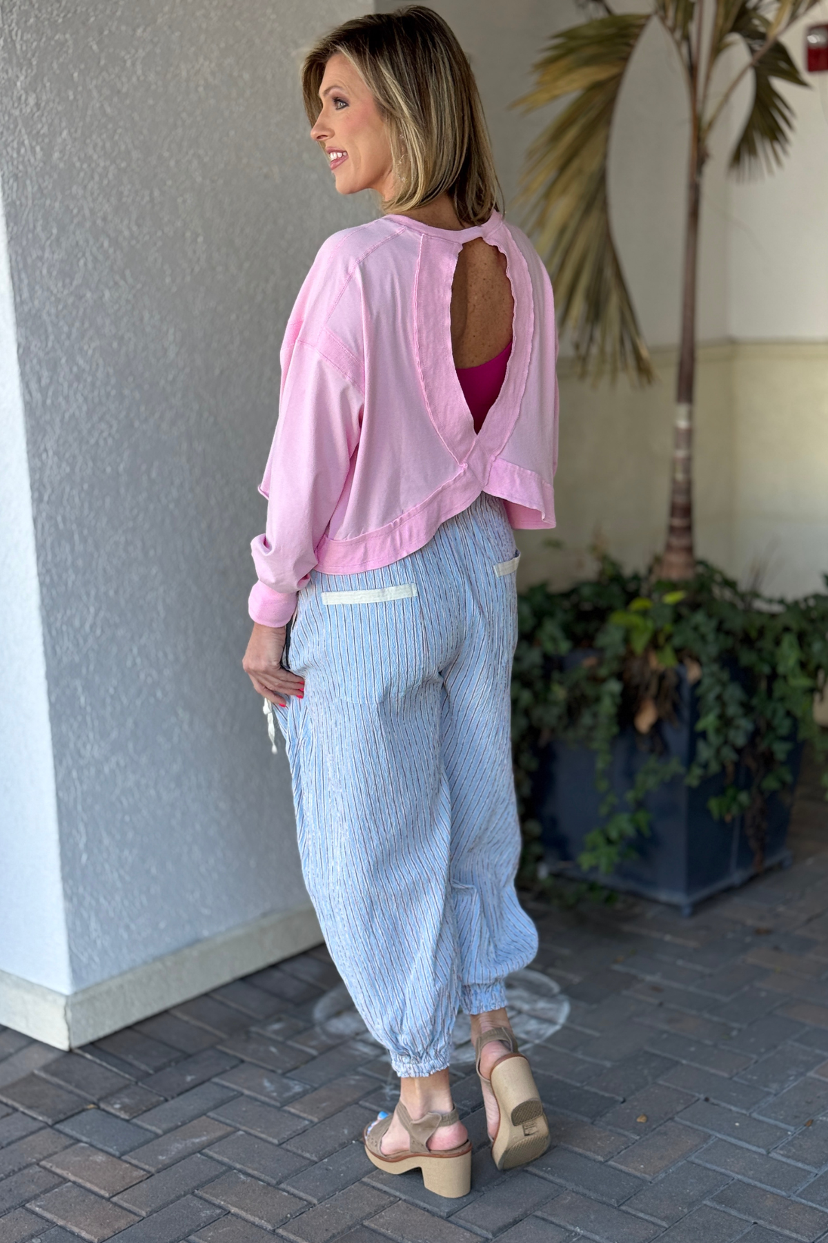 Elastic waistband drawstring striped boutique pants