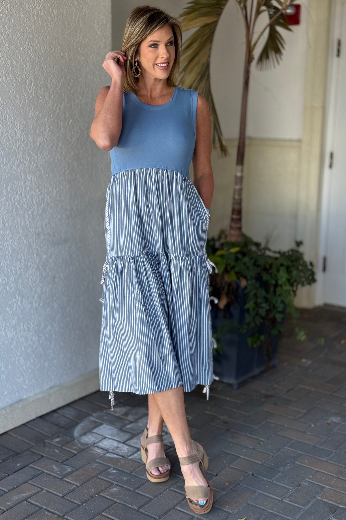 Petal denim mixed media midi dress front view