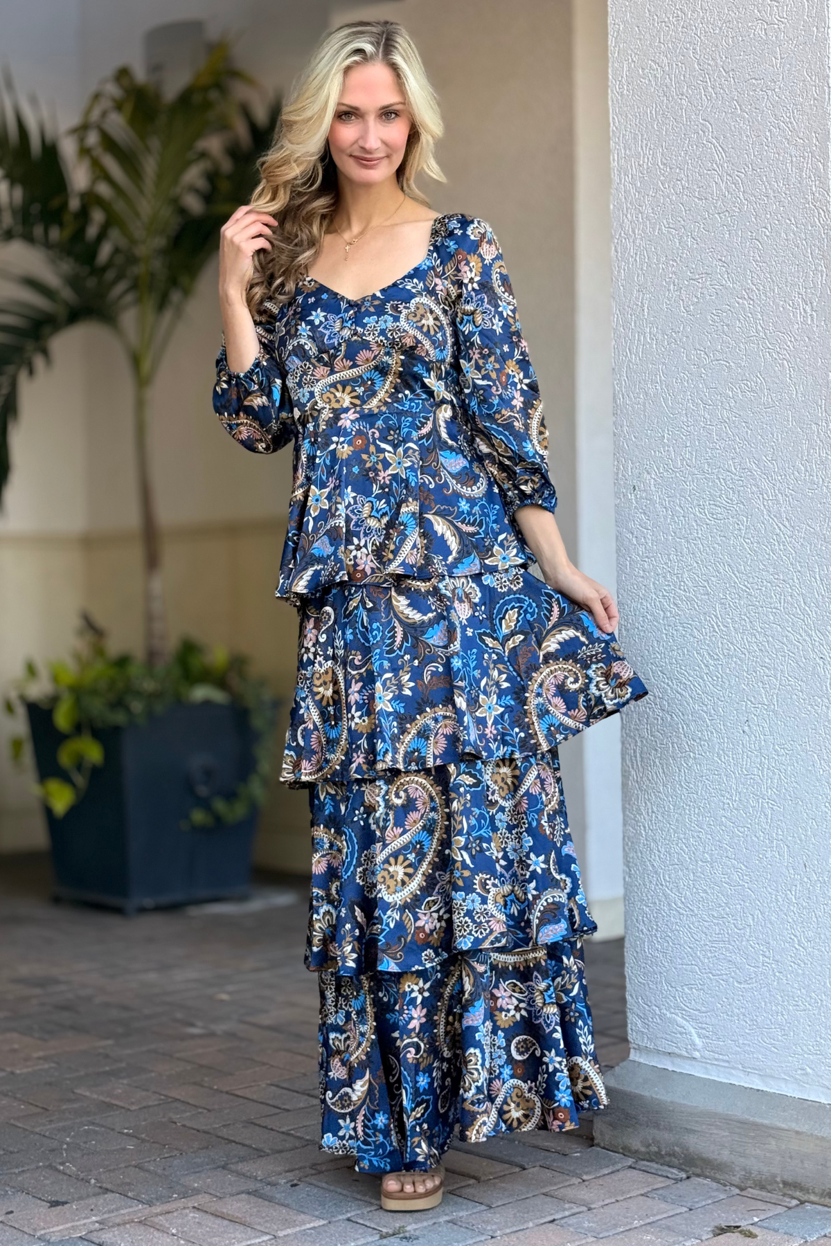 Long sleeve blue paisley holiday maxi dress with tiered skirt