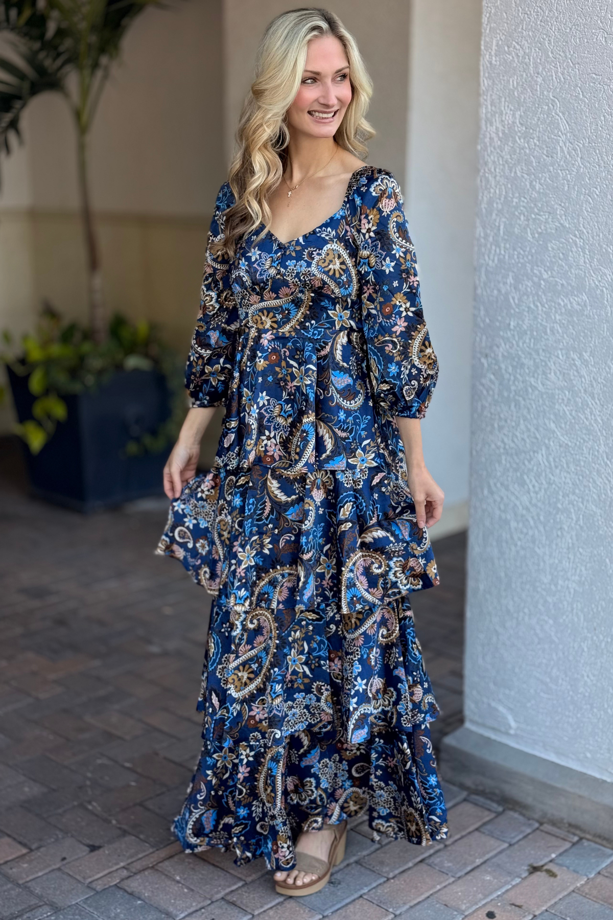Silky navy floral paisley maxi dress for weddings and special occasions