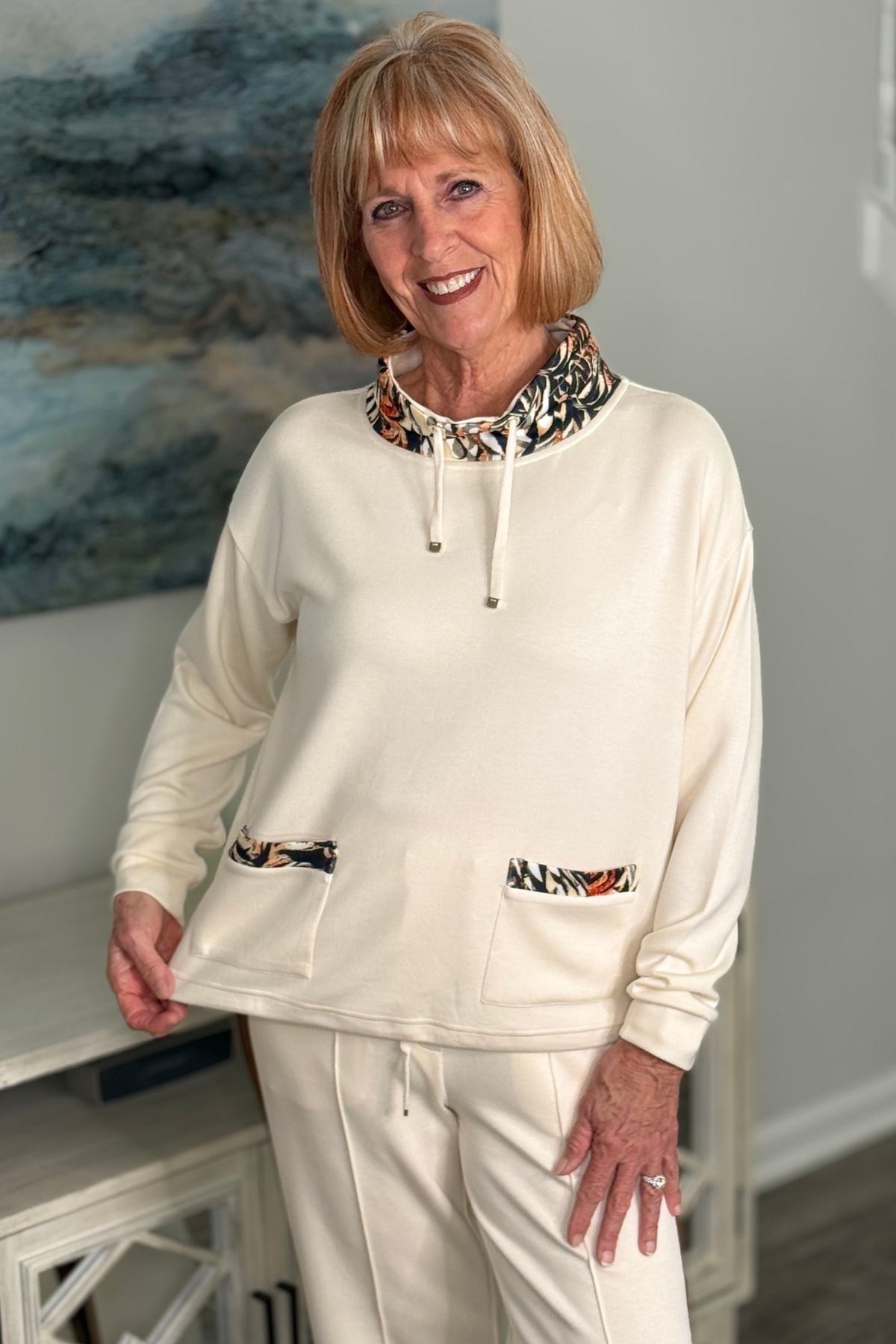 Elena Wang Sporty Print Trim Hoodie in Sand Combo front view