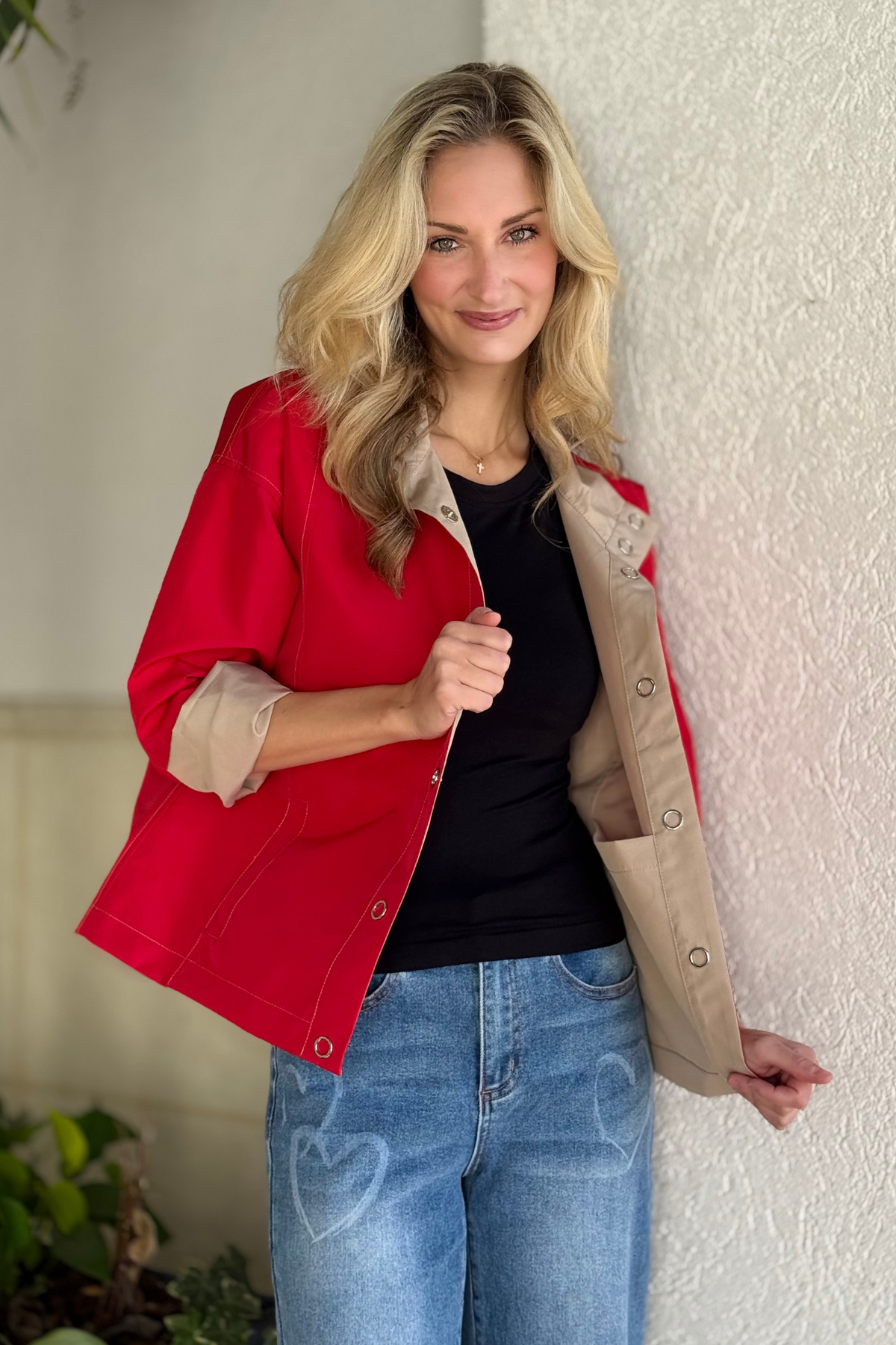 Front view of Tribal sangria reversible jacket styled for spring