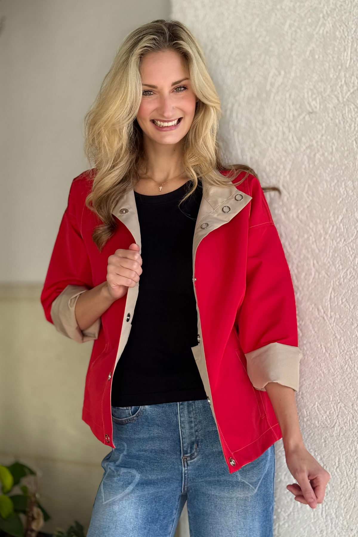 Tribal reversible lightweight jacket in red and beige