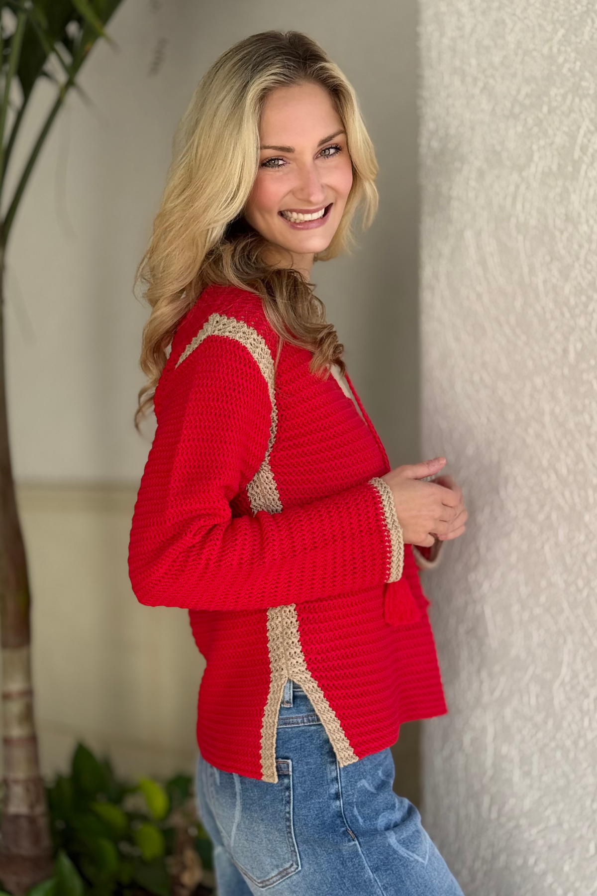 Notch collar sweater in red by Tribal