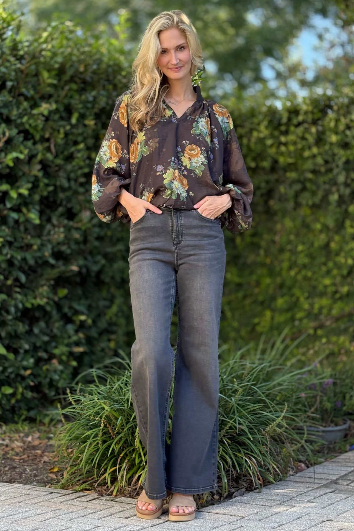TRIBAL Brooke High Rise Palazzo Jeans – Charcoal Wash
