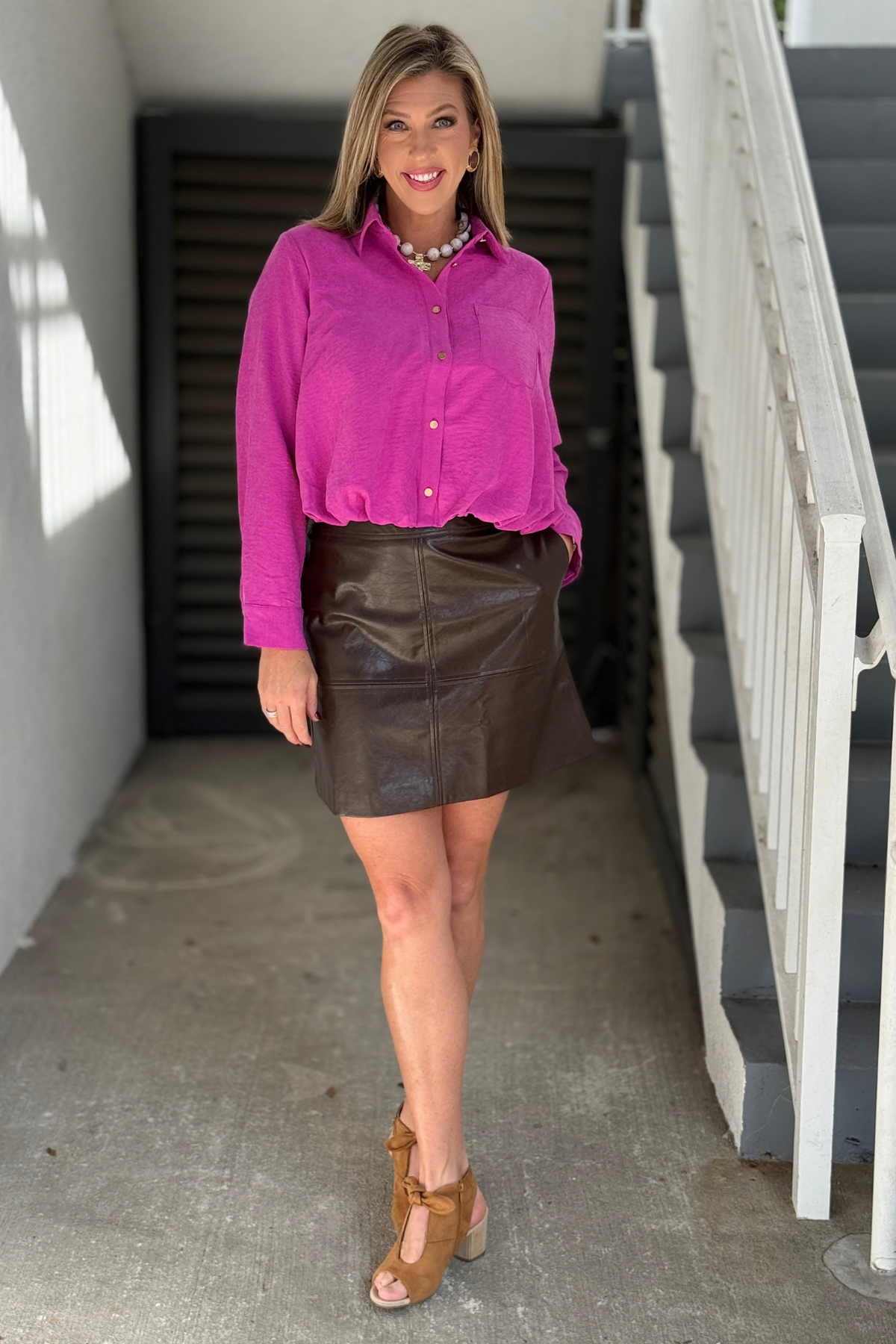 Women’s dark chocolate brown faux leather A-line mini skirt  