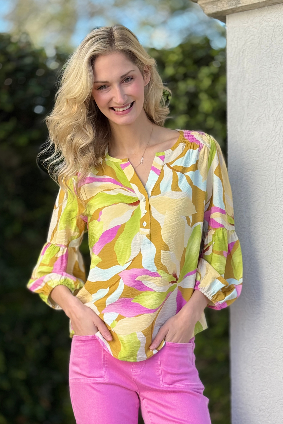 Tribal wisteria printed smocked yoke blouse front view