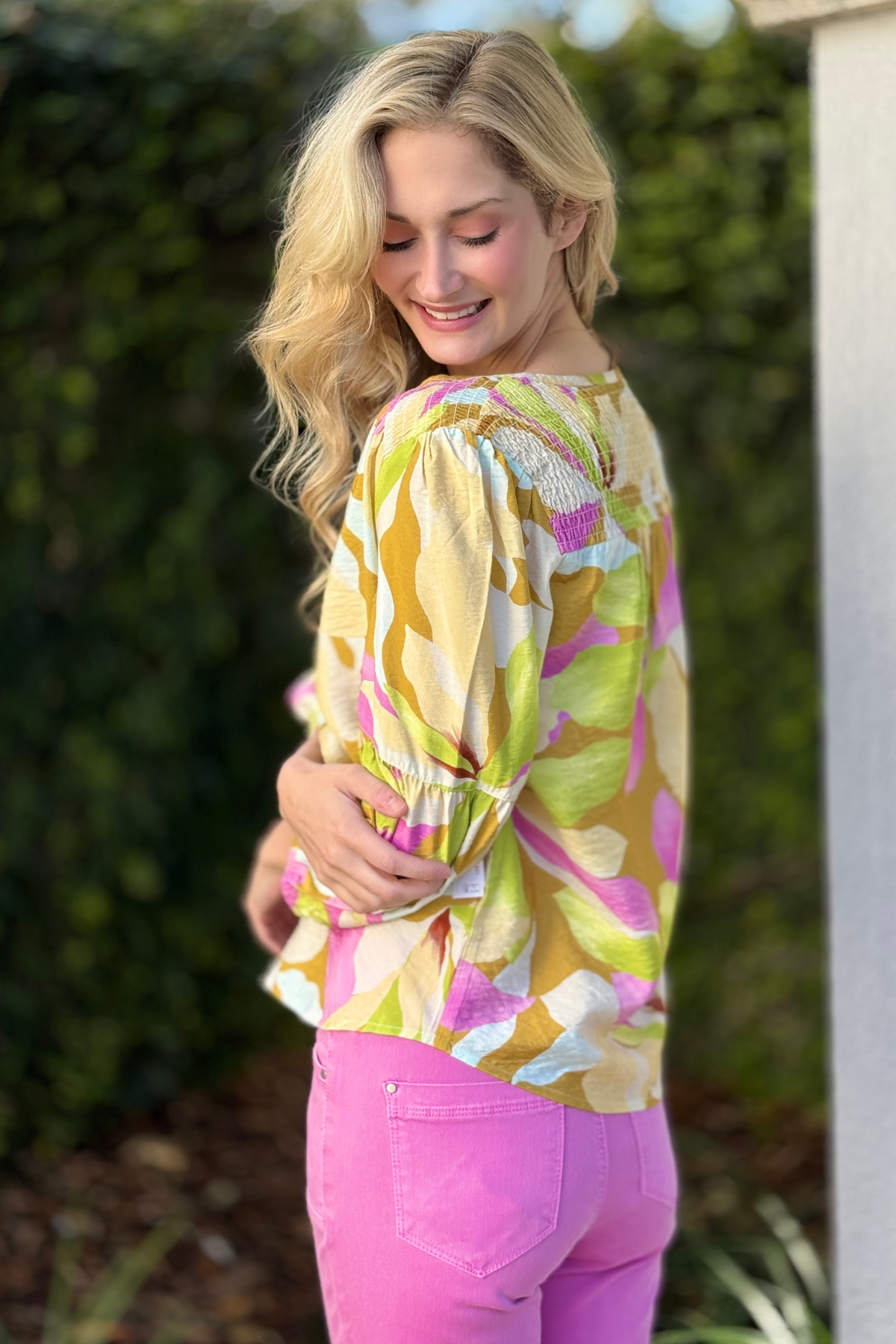 Close up of smocked yoke detail tribal blouse