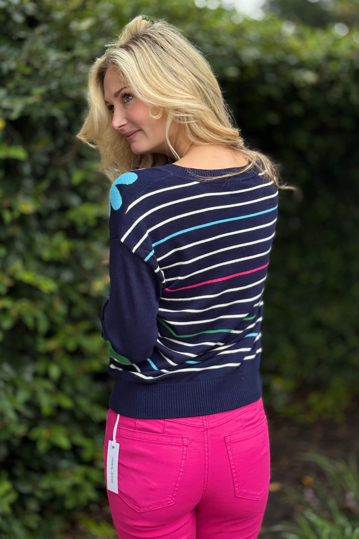 Back view of Tribal sweater showing contrast stripe pattern