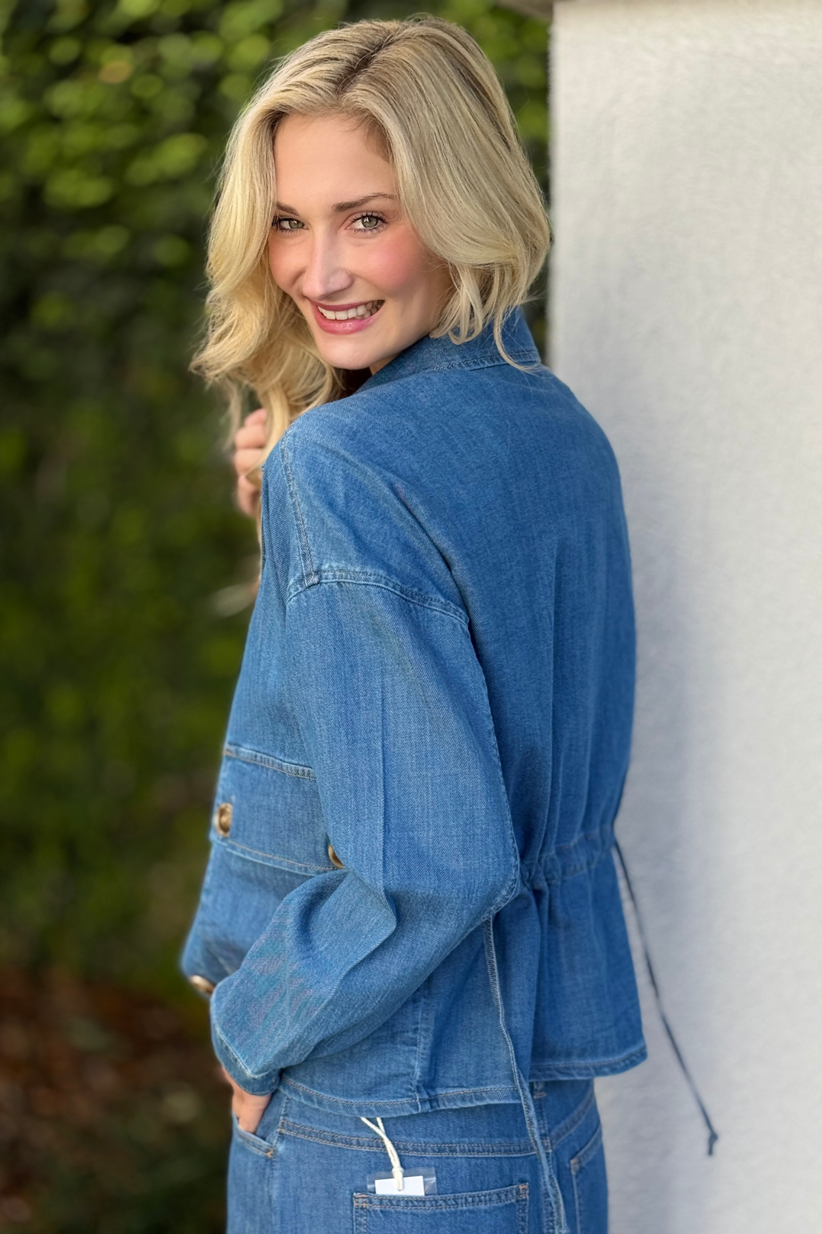 Lightweight Tribal denim jacket in Fjord Blue displayed on model outdoors