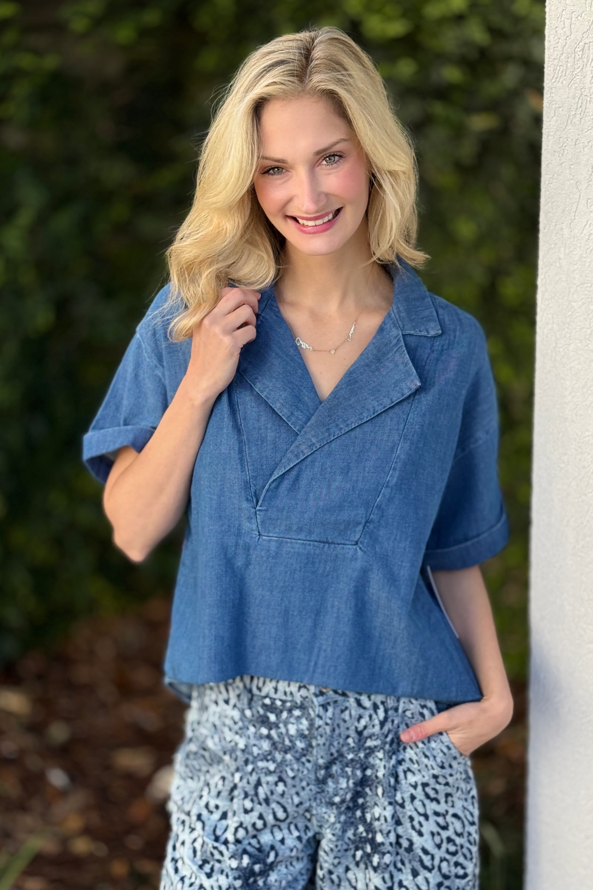 Tribal short sleeve flowy denim blouse styled outfit