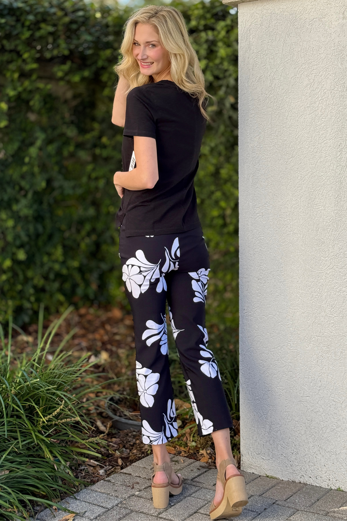 Comfort stretch Tribal floral capris straight leg front model pose