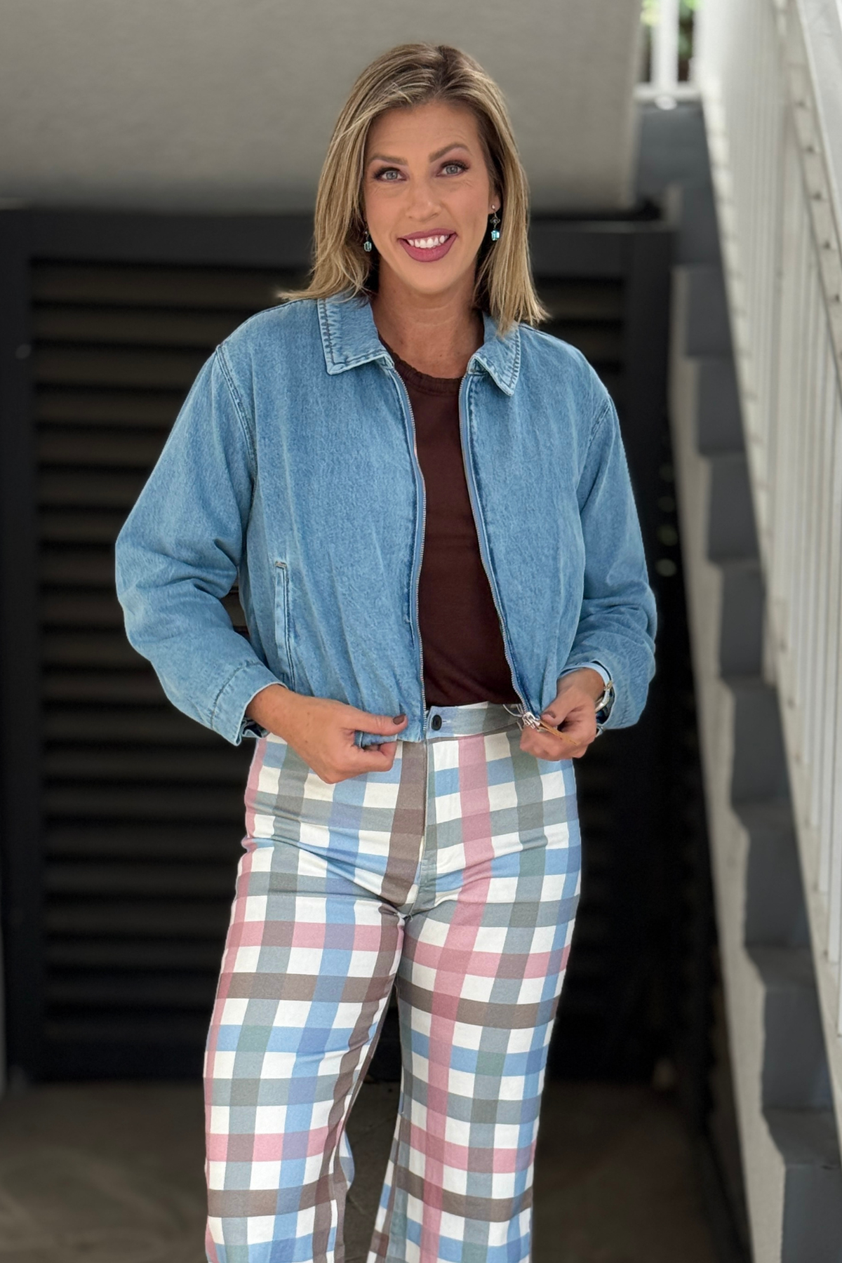 BLUE THREAD cropped denim jacket styled with printed pants